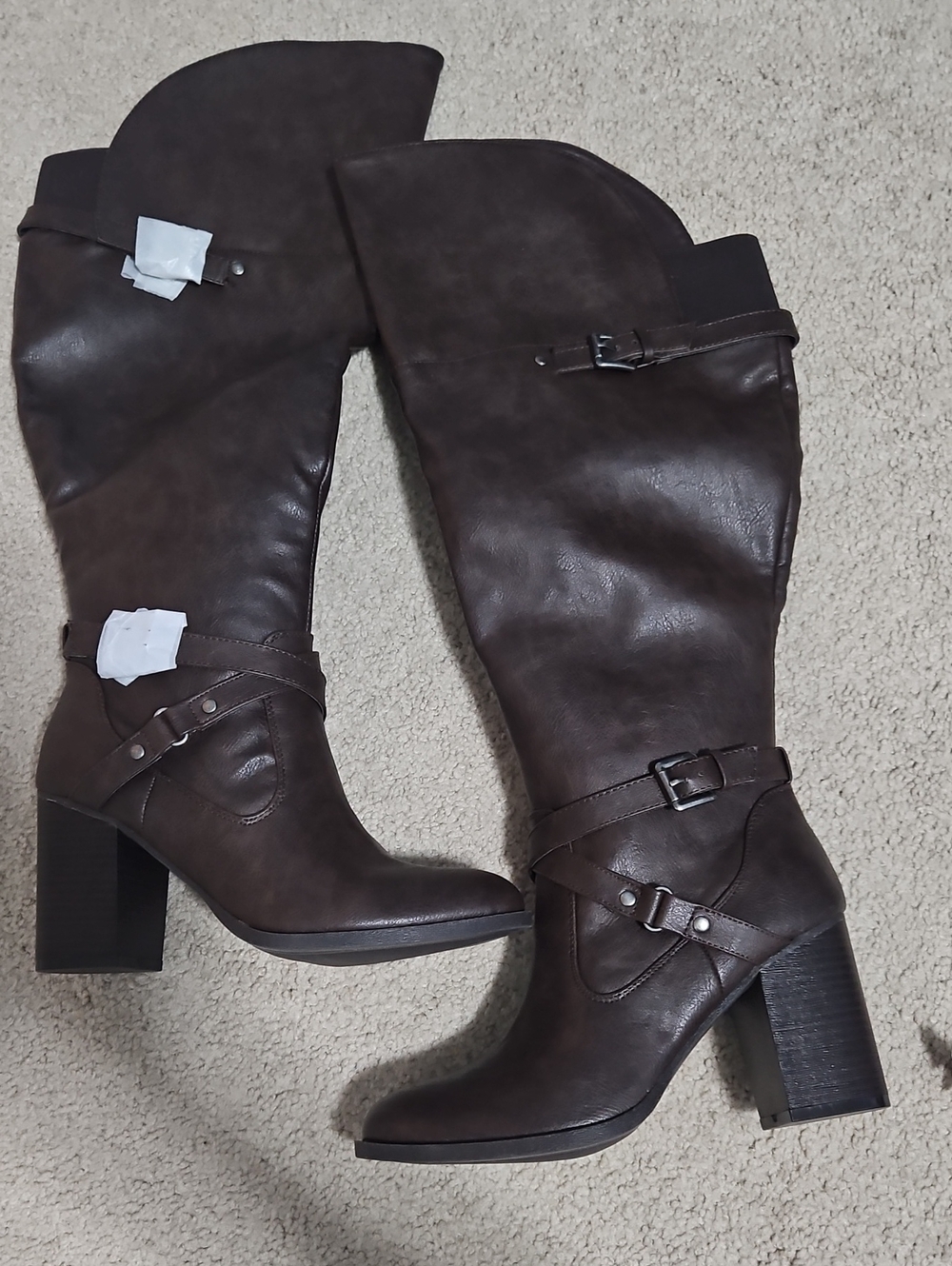 Indigo Dark Brown Tall Block Heel Buckle Boots